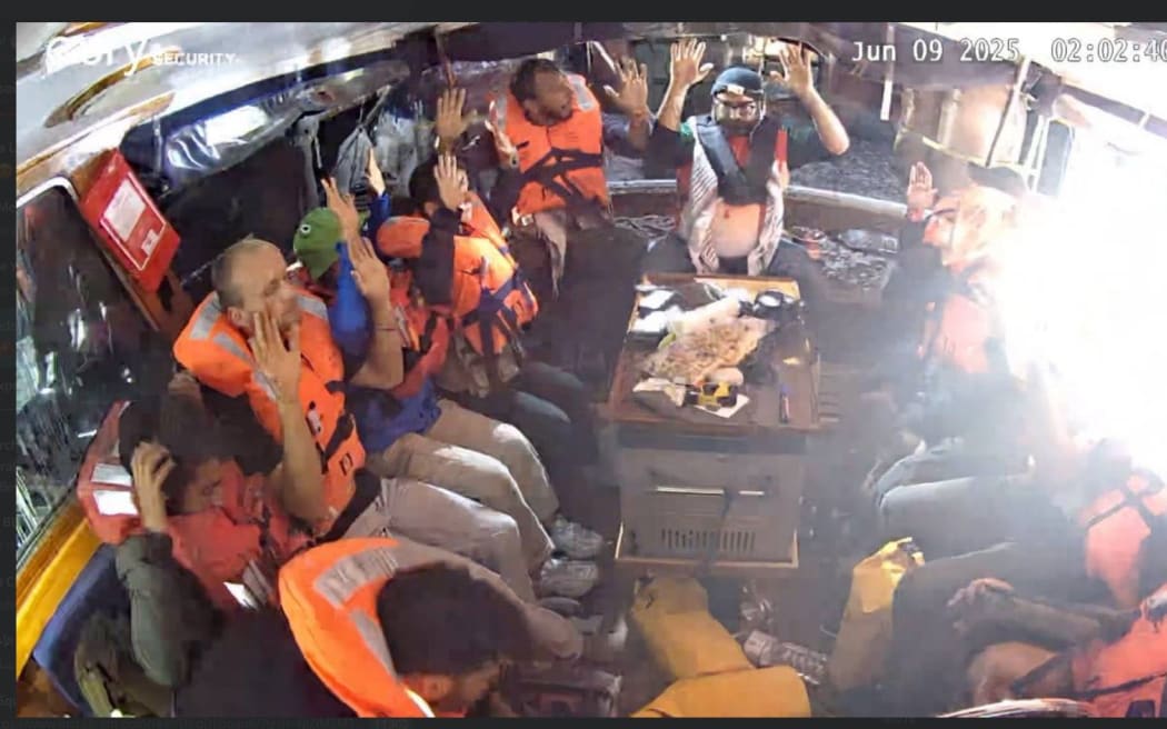 An image reportedly from the Freedom Flotilla vessel Madleen after it was boarded by Israeli military off the coast of Egypt. 9 June 2025