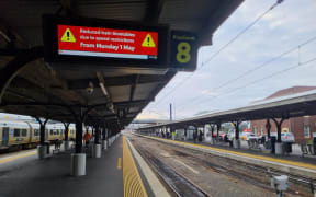 A screen at a Wellington train station on 1 May, 2023 alerts passengers to the reduced operating timetable due to the breakdown of a specialist rail track evaluation car.