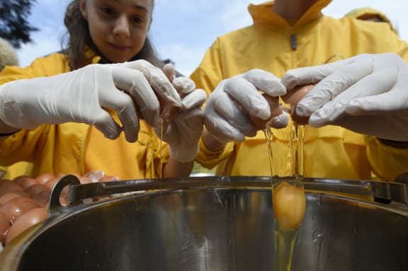 A Belgian town has honoured its 22-year-old tradition of making a giant omelette amidst an egg contamination scare, cooking 10,000 eggs in a pan 4m-wide.