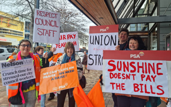 Nelson City Council PSA delegate Jenny Sims second from left and PSA organiser Ian Hoffman second from right