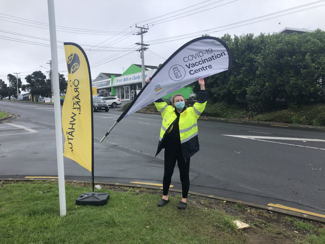 'Hype girl' in action at the Panmure vaccination centre today.