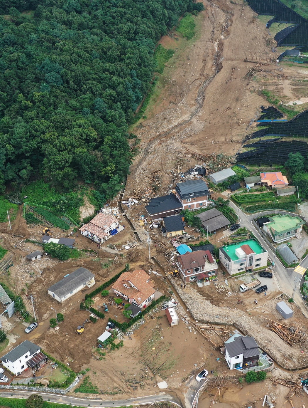 An aerial view shows a damage to a village following a landslide amid heavy rain in the village of Juksan-myeon, near Anseong on August 4, 2020. -