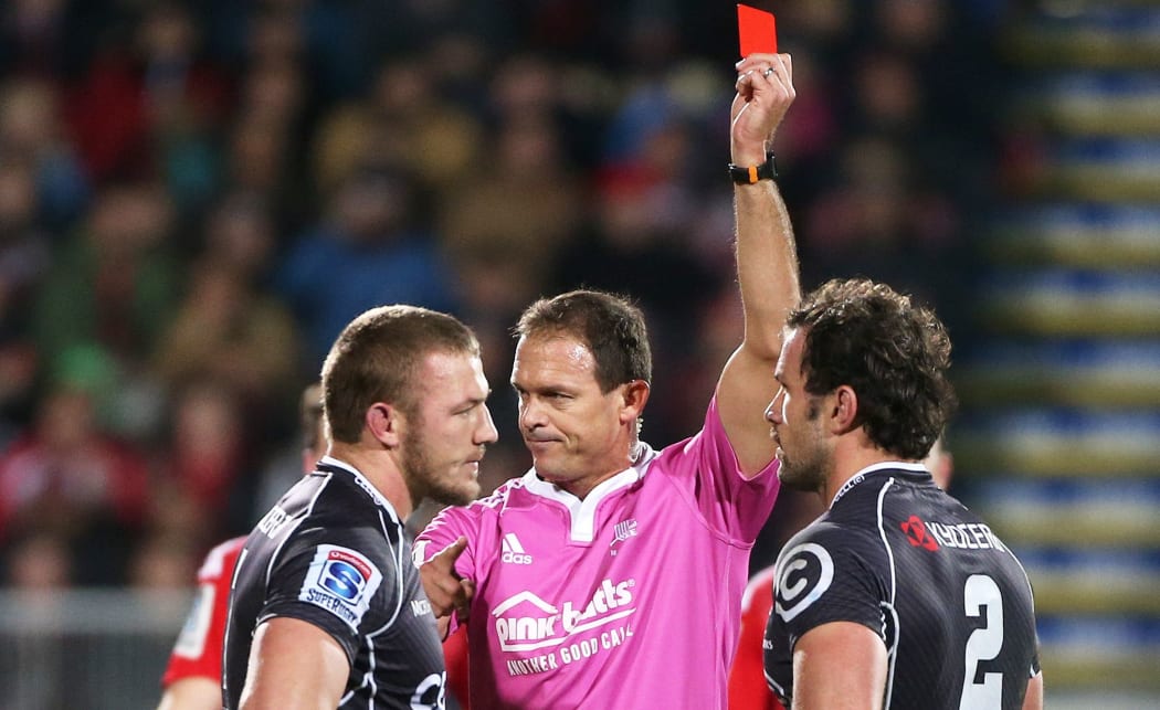 The Sharks flanker Jean Deysel (left) is red carded.