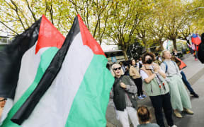Students gather at Auckland University's city campus to rally against Israel's war in Gaza on 1 May 2024.