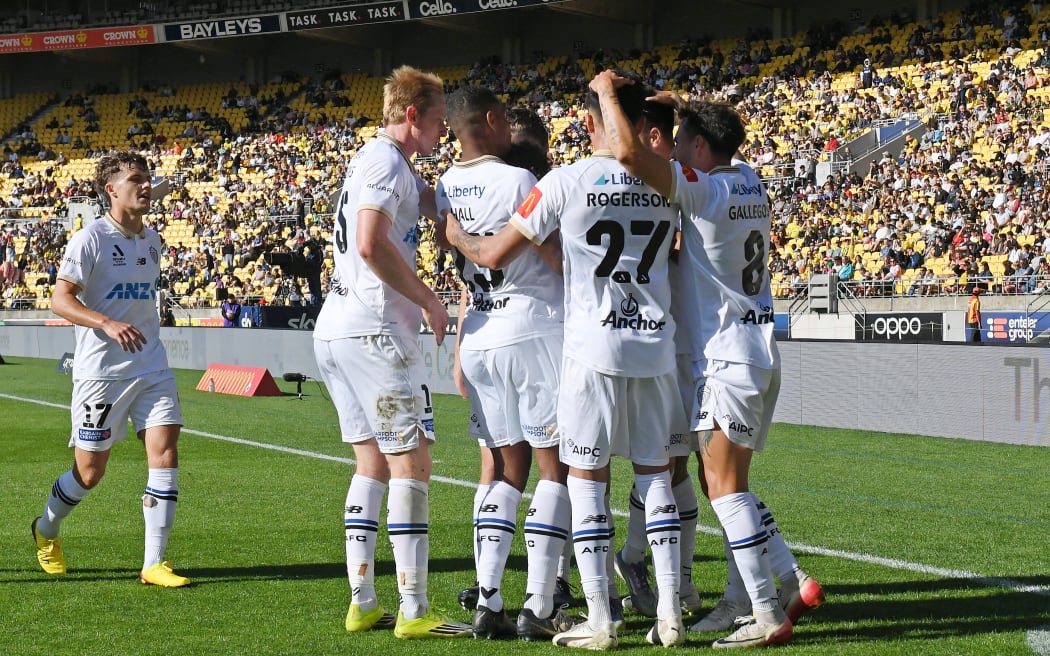 Auckland FC players celebrate a goal, A-League, Wellington Phoenix v Auckland FC, Sky Stadium, Wellington. Saturday 21 February, 2026
© Mandatory credit: Kerry Marshall / www.photosport.nz