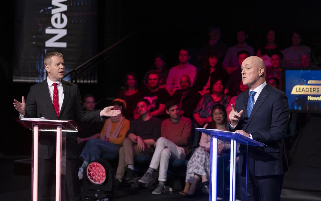 Election 2023 Newshub debate Chris Hipkins and Christopher Luxon are grilled by Patrick Gower from Newshub during the Newshub decision 2020 leaders debate at Q Theatre in Auckland on Wednesday night. 27 September 2023 Photograph by Greg Bowker