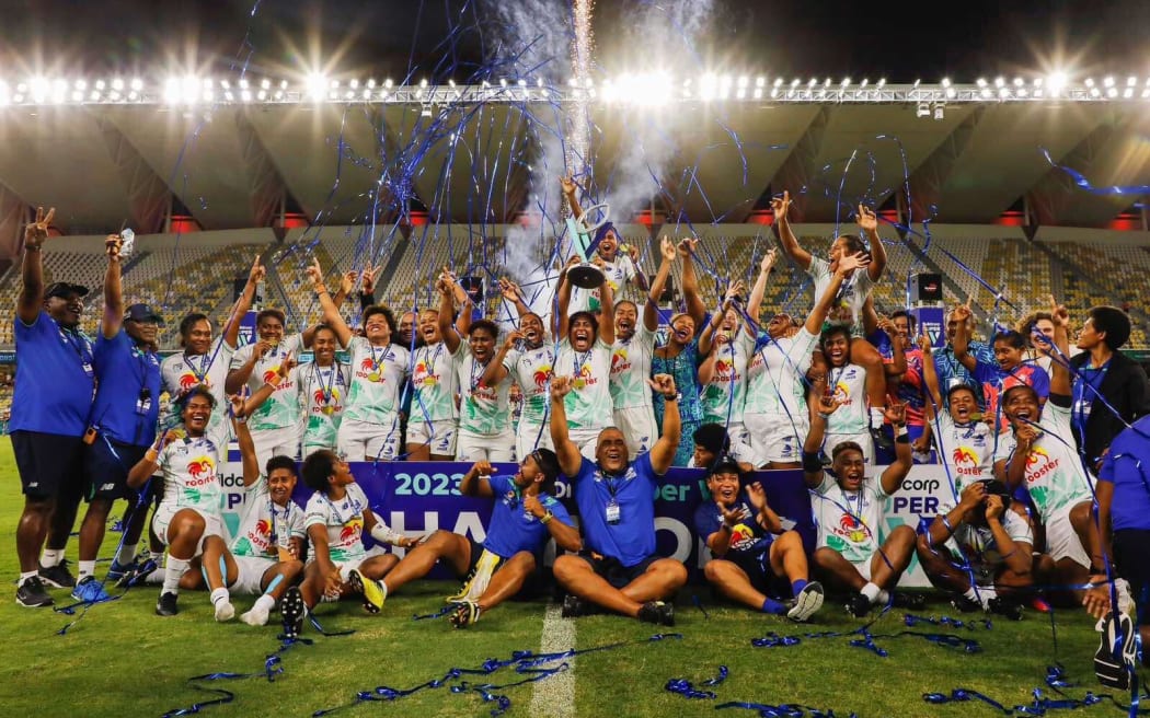 The Fijiana celebrate after their courageous Super W win over the Reds