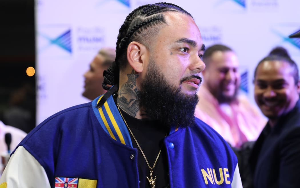 Pacific musician pictures on the red carpet of the 2023 Pacific Music Awards in Manukau