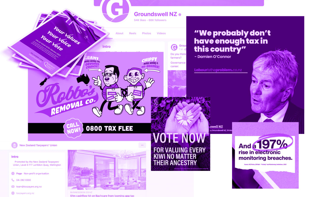 Collage of political ads and social media.