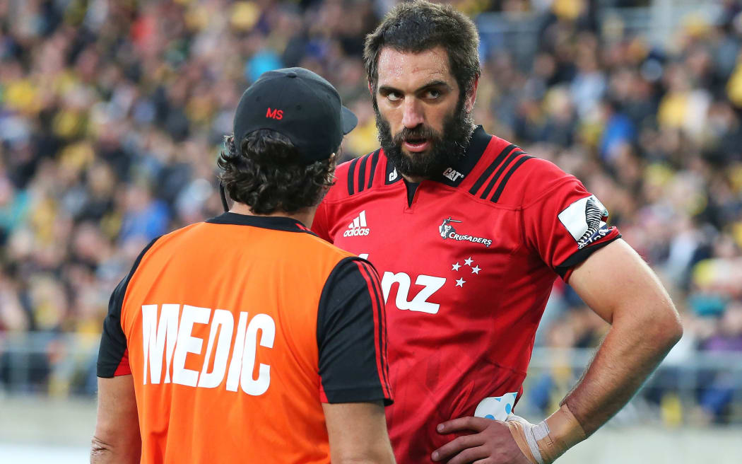 Sam Whitelock is assessed after suffering a head knock against the Hurricanes.