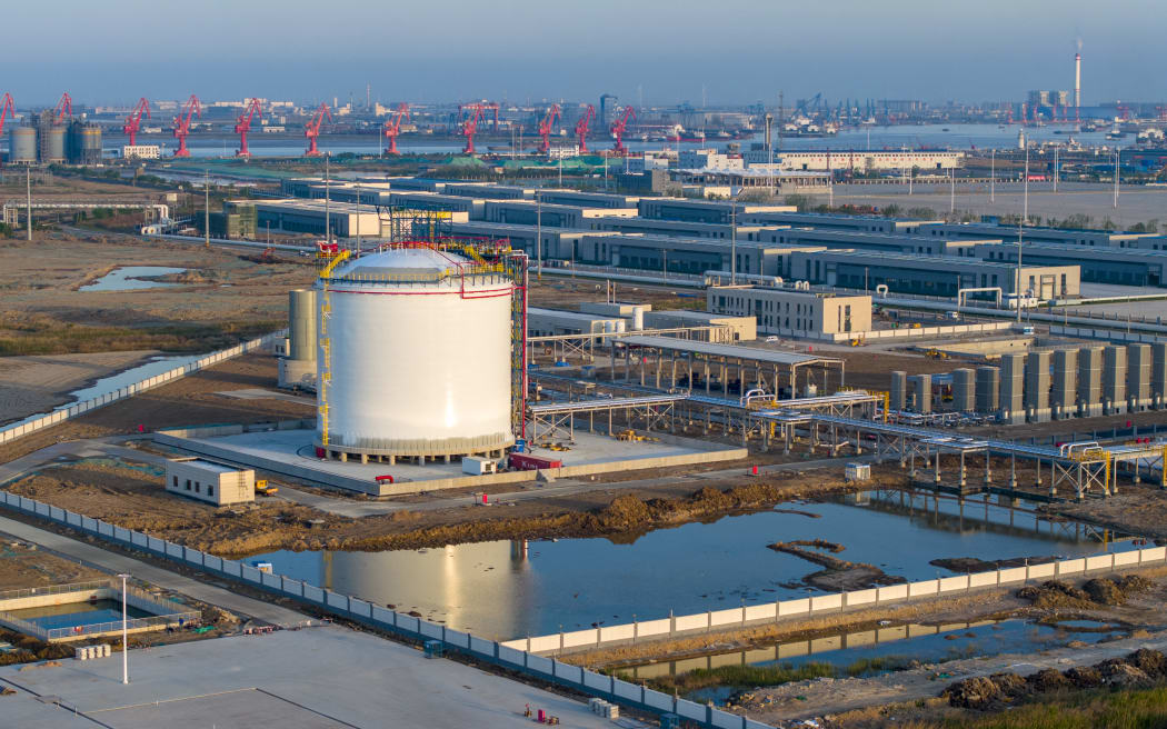 Construction is underway on the LNG storage and distribution station project in Lianyungang City, Jiangsu Province, China, on May 1, 2024. (Photo by Costfoto/NurPhoto) (Photo by CFOTO / NurPhoto / NurPhoto via AFP)