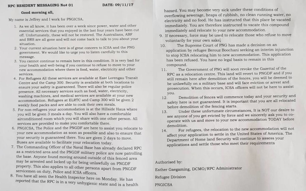 The letter to refugees from the PNG government, 9-11-17.