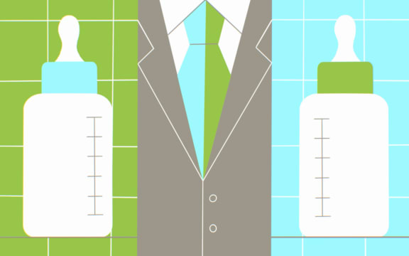 Stylised illustration of a baby bottle and suit and tie
