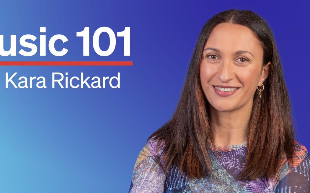 Promotional graphic for Music 101 with Kara Rickard. Kara Rickard smiles at the camera against a blue-to-purple gradient background. The text appears in white with a red underline, and the RNZ logo sits in the bottom left corner.