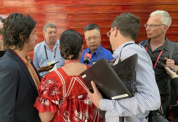 China's Pacific ambassador Qian Bo fronting the media in Tonga.