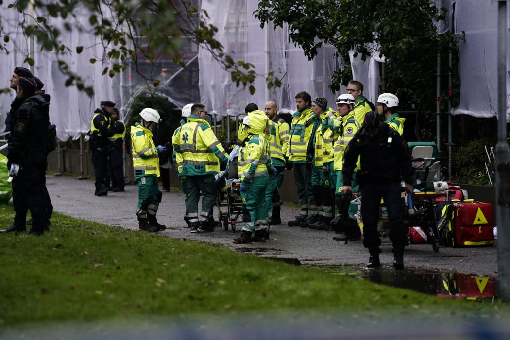 Emergency services at the scene of a large explosion at an apartment building in Annedal in central Gothenburg.