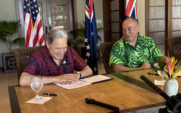 New Zealand's Foreign Minister Winston Peters and the Cook Islands Prime Minister Mark Brown announce a new upgrade of the port on Penrhyn atoll in the Cooks, 1 September 2026.