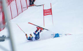 Mikaela Shiffrin of team USA crashes in the Giant Slalom during the Women's World Cup Giant Slalom in Killington, Vermont, Nov 30, 2024.