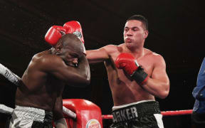 Joseph Parker and French Cameroon boxer Carlos Takam in Auckland, May 2016.