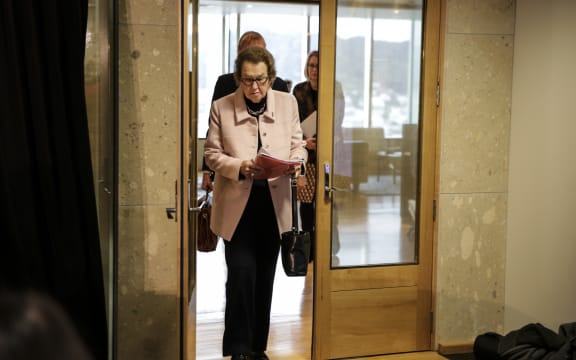 Dame Margaret Bazley prepares to speak at a media conference on the Russell McVeagh review she headed.