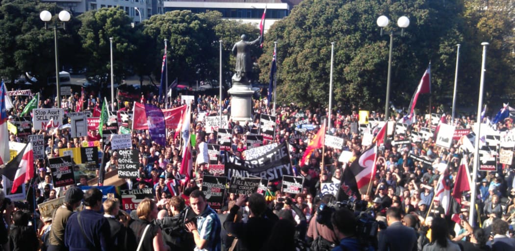 Protesters marched through Wellington to Parliament grounds.