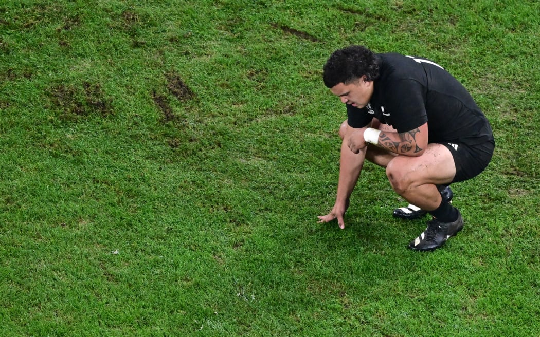 New Zealand's Tamaiti Williams reacts after South Africa won the 2023 Rugby World Cup Final.