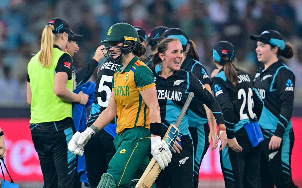 South Africa's captain Laura Wolvaardt leaves after being dismissed during the ICC Women's T20 World Cup cricket final match between South Africa and New Zealand at the Dubai International Cricket Stadium in Dubai on October 20, 2024. (Photo by Giuseppe CACACE / AFP)