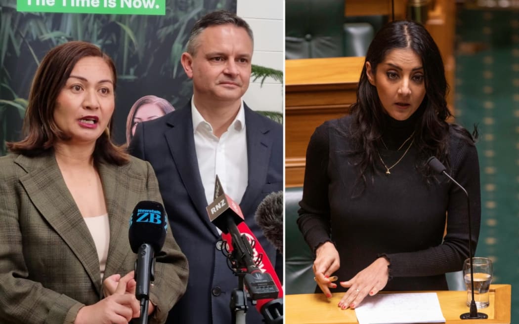 Composite image of Green Party co-leaders Marama Davidson and James Shaw, and MP Golriz Ghahraman.