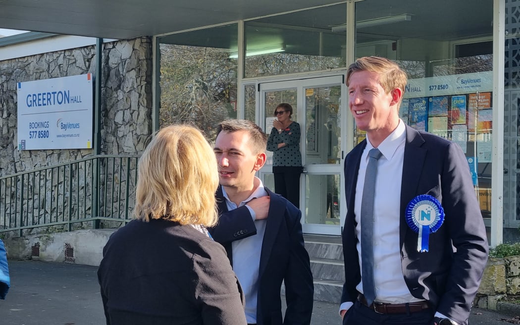 National's candidate Sam Uffindell out and about yesterday.