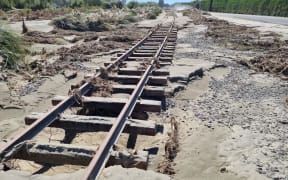 Rail tracks covered in silt in the Esk Valley by flooding during Cyclone Gabrielle, 20 February 2023.