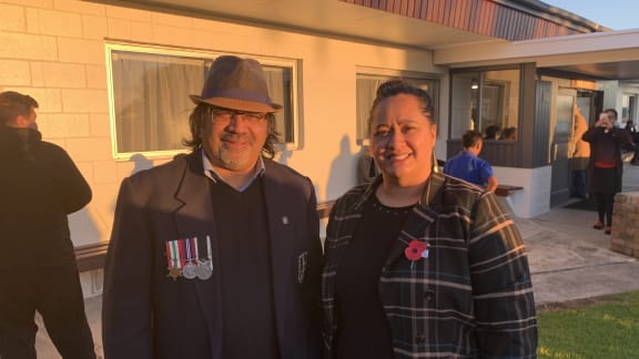 Justine Murray with her brother Te Moanaroa Ngatoko, ANZAC commemorations at Tutereinga marae, 2021.