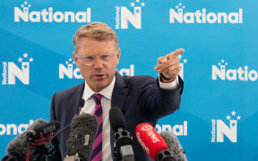 Paul Goldsmith introduces National Party leader Simon Bridges at the launch of The National Economic Agenda at the Rydges in Auckland on February 17, 2020.