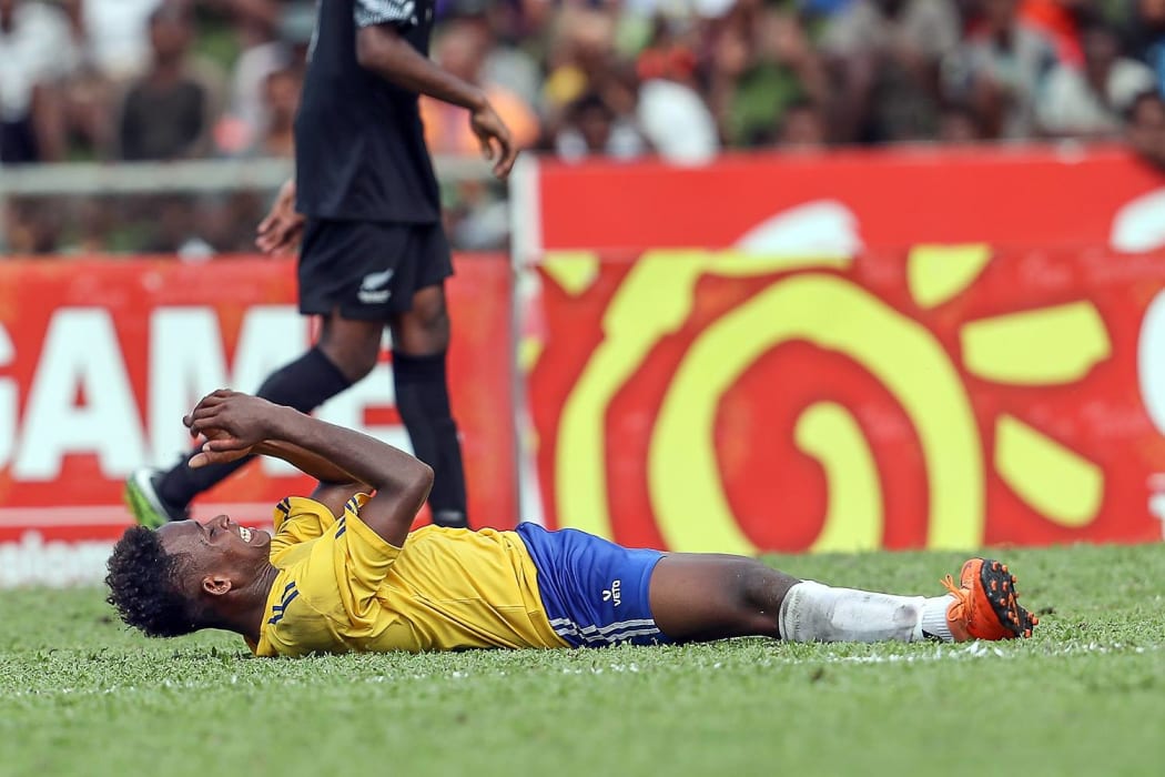 Solomon Island's Raphael Le'ai reacts after almost scoring a goal.