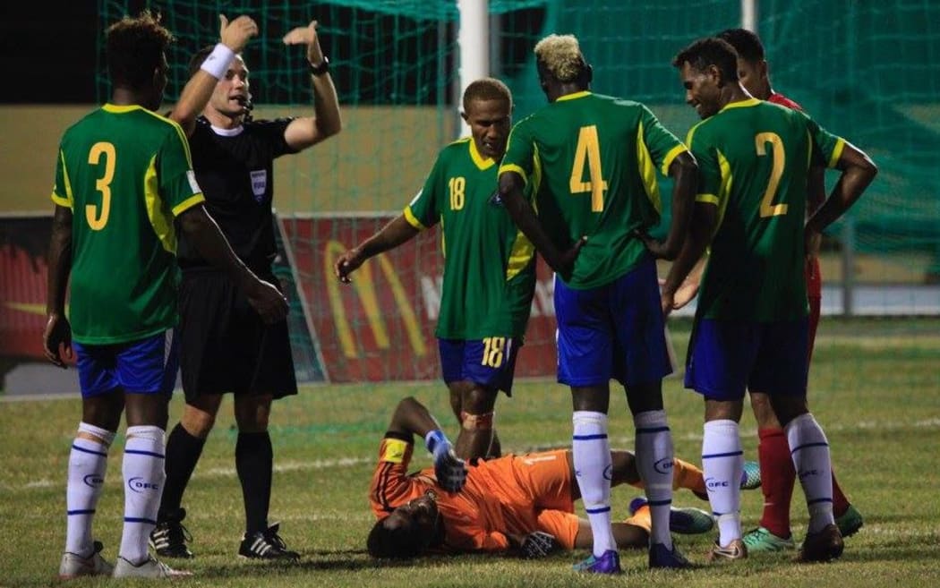 Solomon Islands goalkeeper Philip Mango was injured during the match.