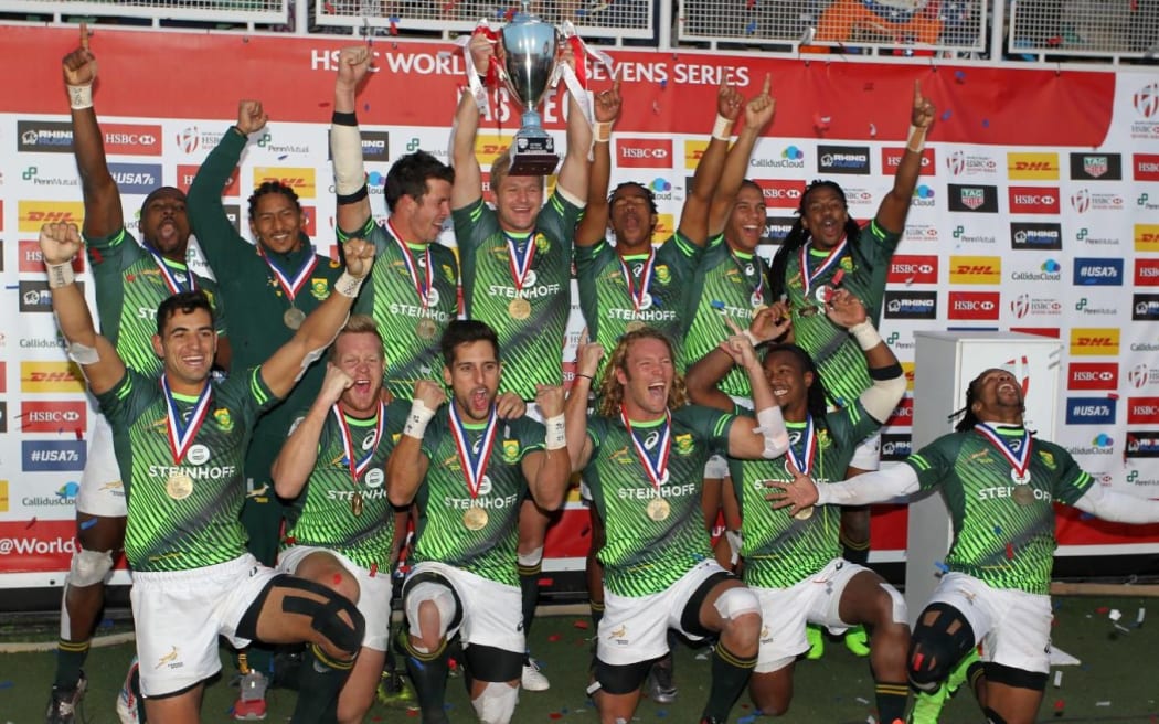 The Blitz Bokke celebrate winning the Vegas Sevens
