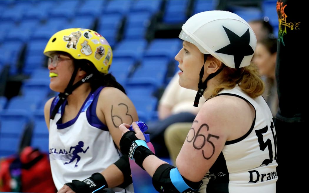 Contestants get ready for Roller Derby at the Rainbow Games in Auckland.