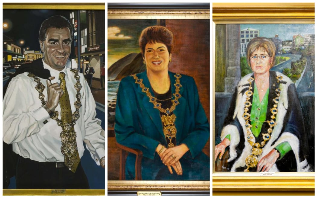 Painted portraits of past Wellington mayors Mark Blumsky, Fran Wilde and Kerry Prendergast.
