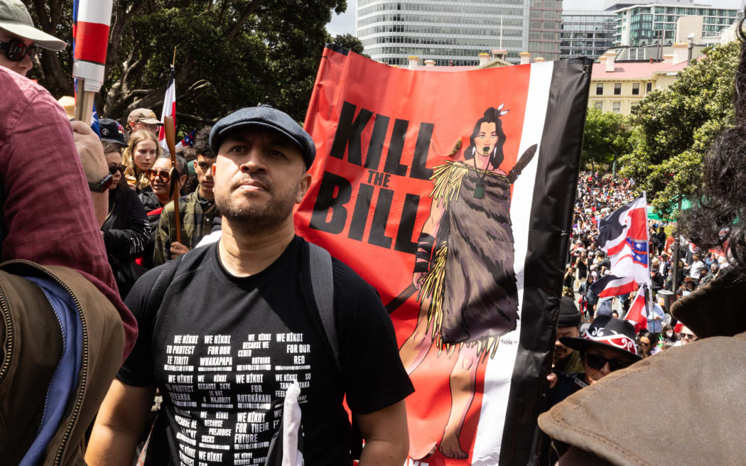 The hikoi against the Principles of the Treaty of Waitangi Bill reaches Parliament.