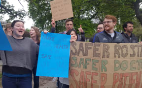Junior Doctors on strike outside Christchurch Hospital.