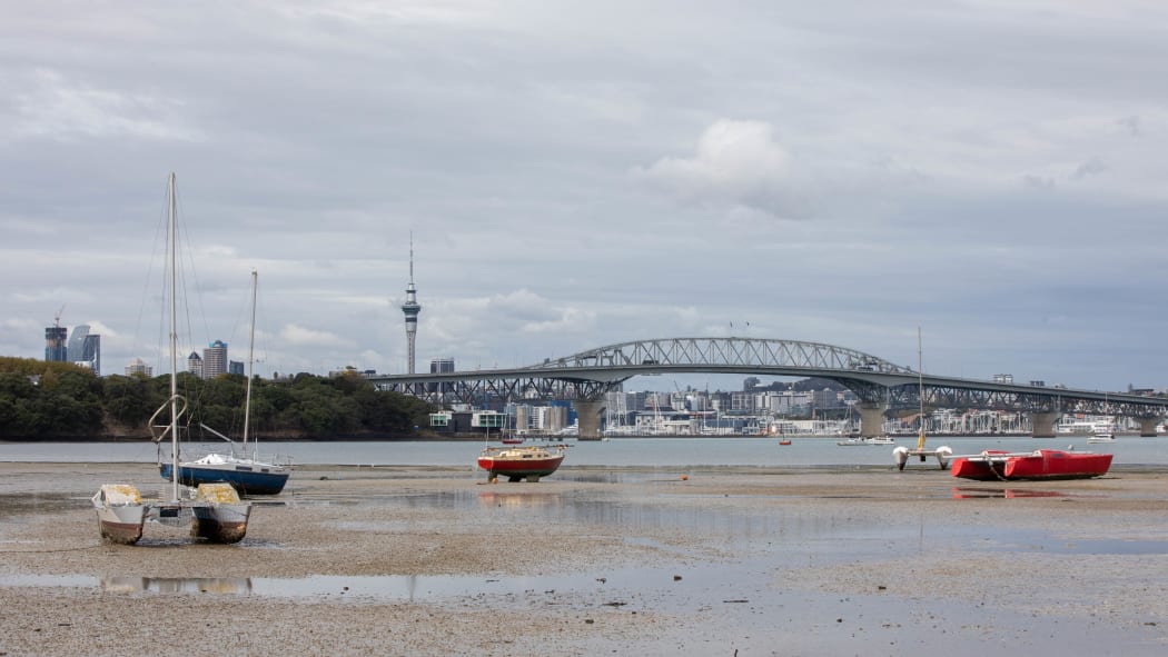 Boats left in Auckland's harbour after the tide withdrew.