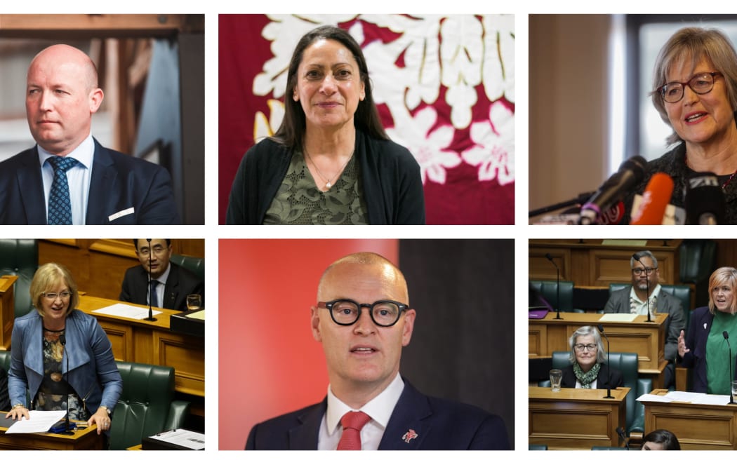 MPs retiring from parliament in 2023 (clockwise from top left), National's David Bennett, Labour's Poto Williams, Green MP Eugenie Sage, Green MP Jan Logie, Labour's David Clark and National's Jacqui Dean.