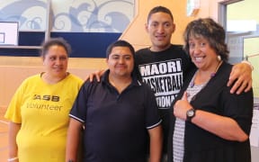 Hinewai Vercoe, Taua Rewi, Raumoko Pukepuke with coach and nan/aunty/mum Lorraine Pukepuke.