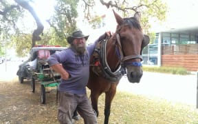 Lewis Stanton outside the Nelson courthouse with Barney.