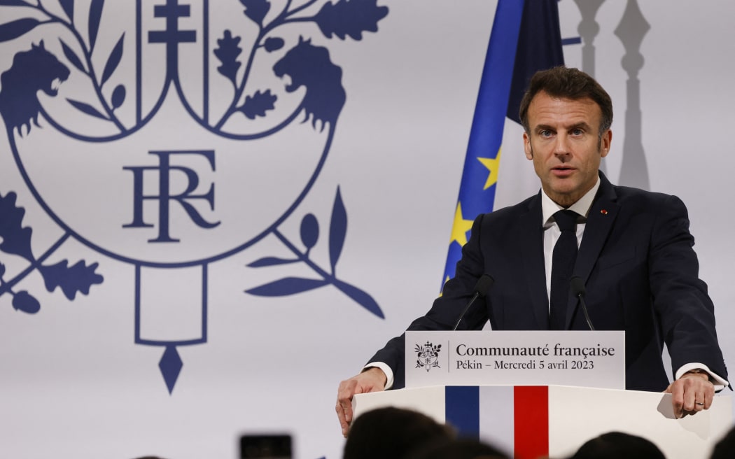 French President Emmanuel Macron speaks during a meeting with China's French community at the residence of France's ambassador in Beijing.