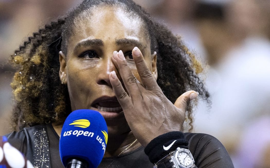 USA's Serena Williams gets emotional in a post match interview after losing against Australia's Ajla Tomljanovic during their 2022 US Open Tennis tournament women's singles third round match at the USTA Billie Jean King National Tennis Center in New York, on September 2, 2022. (Photo by COREY SIPKIN / AFP)
