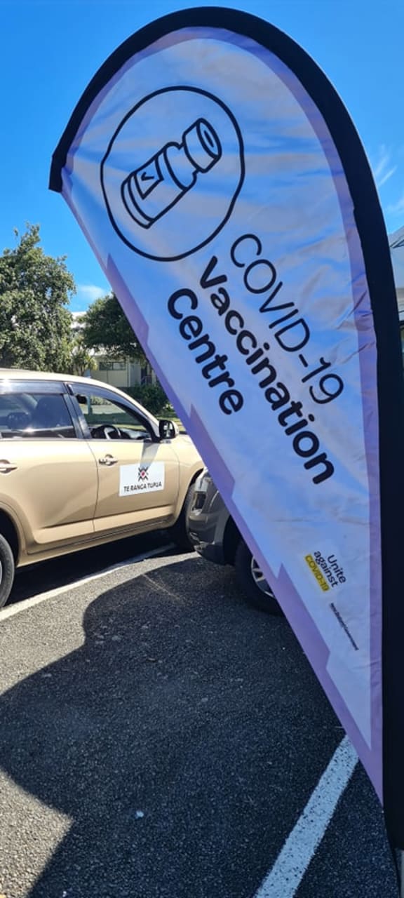 Te Ranga Tupua iwi collective set up one of its four mobile vaccination clinics outside the Jubilee sports stadium in Springvale, Whanganui, today.