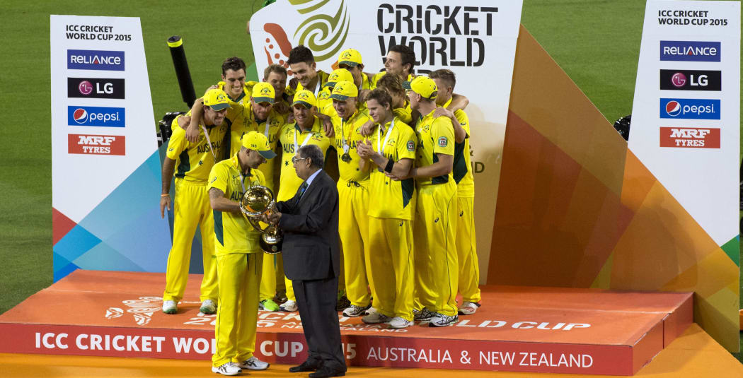 Dr N Srinivasan presents Australia with World Cup 2015.