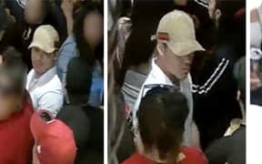 Police want to identify the man in the fawn cap - the photo on the right shows him without the hat.