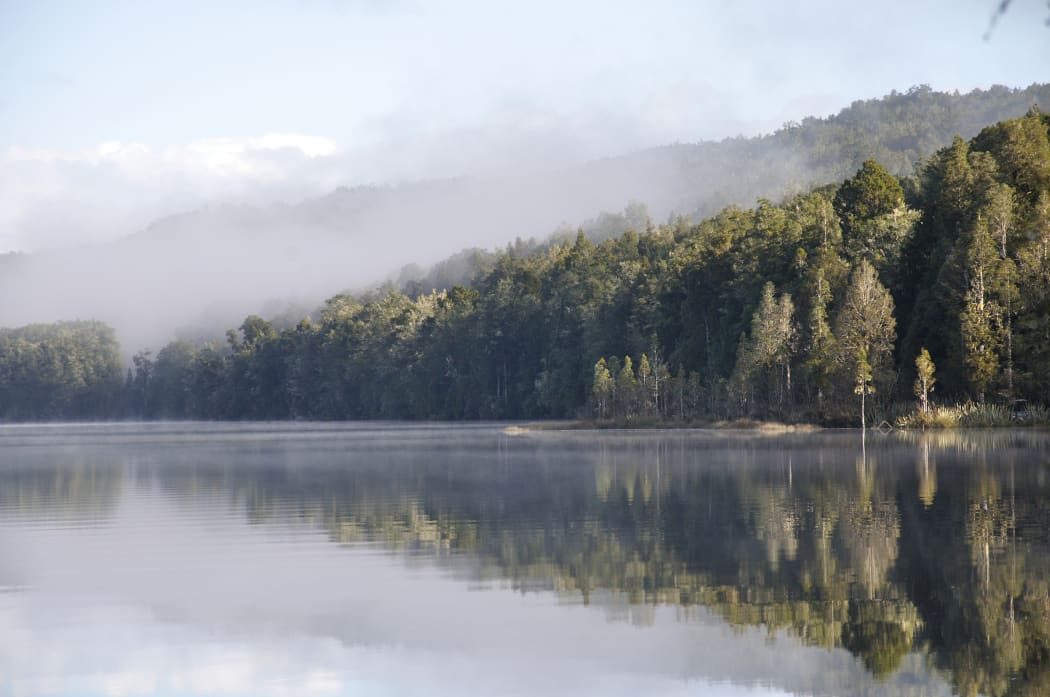 early morning mist on Lake Haupiri, a small lake near the Southern Alps, West Coast, South Island, New Zealand.