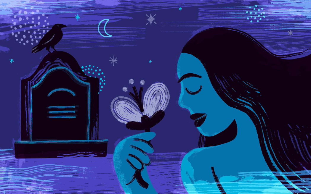 Stylised illustration of person holding flower beside a grave